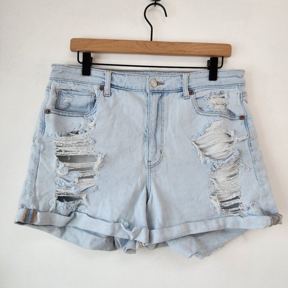 American Eagle Light Wash Mom Shorts Stretch Denim Rolled Cuff Women's 14